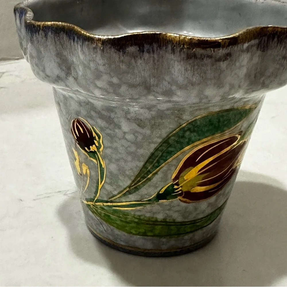 Vintage Italian Hand Painted Planter Marbled Blue Gold Rim Red Flower ITALY